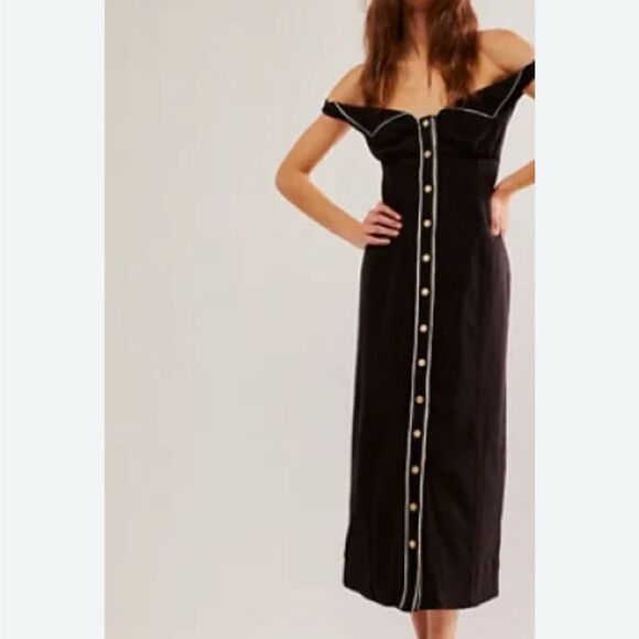 FREE PEOPLE LINNEA Stylish Black Button-Down Dress Off-shoulder Wednesday - Picture 2 of 11